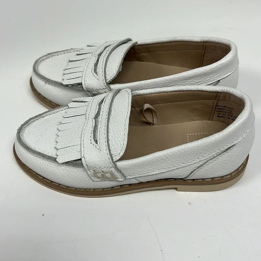 Janie and Jack Girls White Leather Kiltie Penny Loafers Size 5 Like New